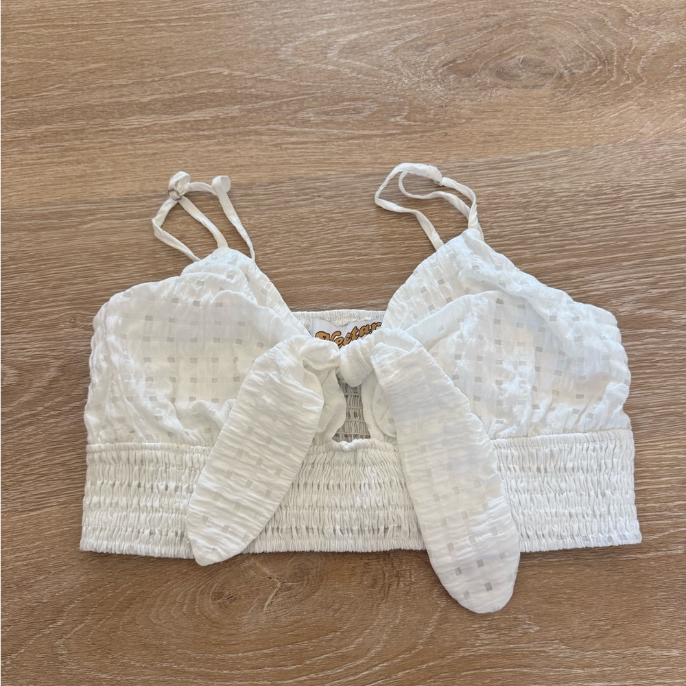 White Tie-Front Smocked Crop Top with Adjustable Straps